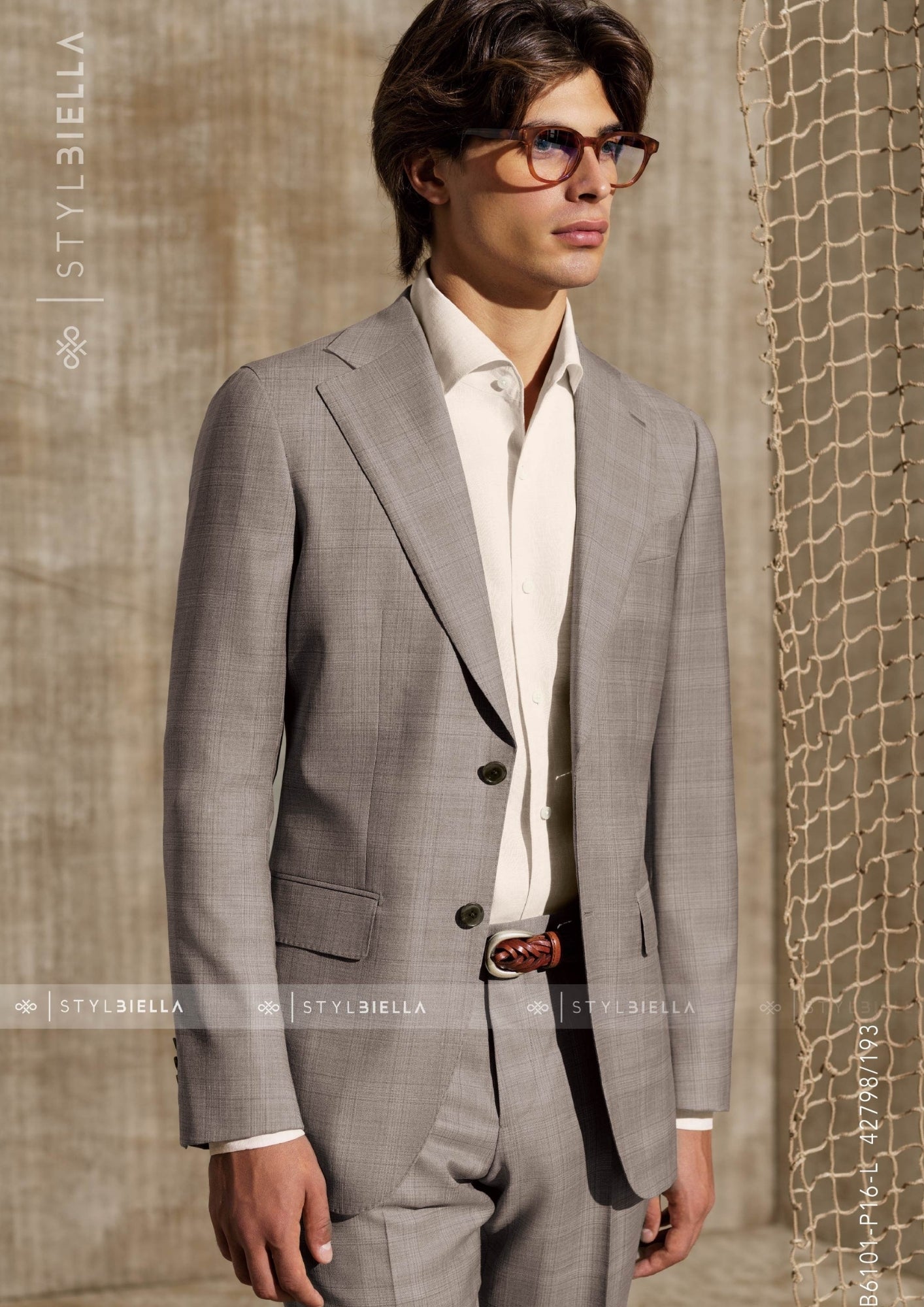 Notch Lapel, 2 pcs Suit, Mid Brown Windowpane, Pure Wool Super 130's, Stylbiella