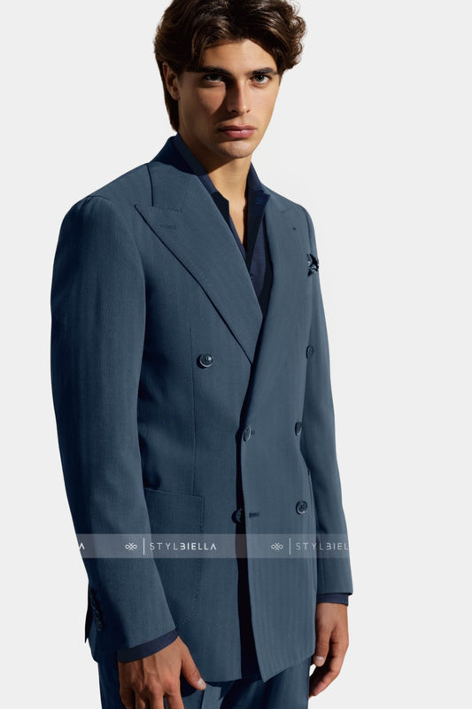 Peak Lape Double Breasted 6 on 4, Grey Blue Chevron Suit