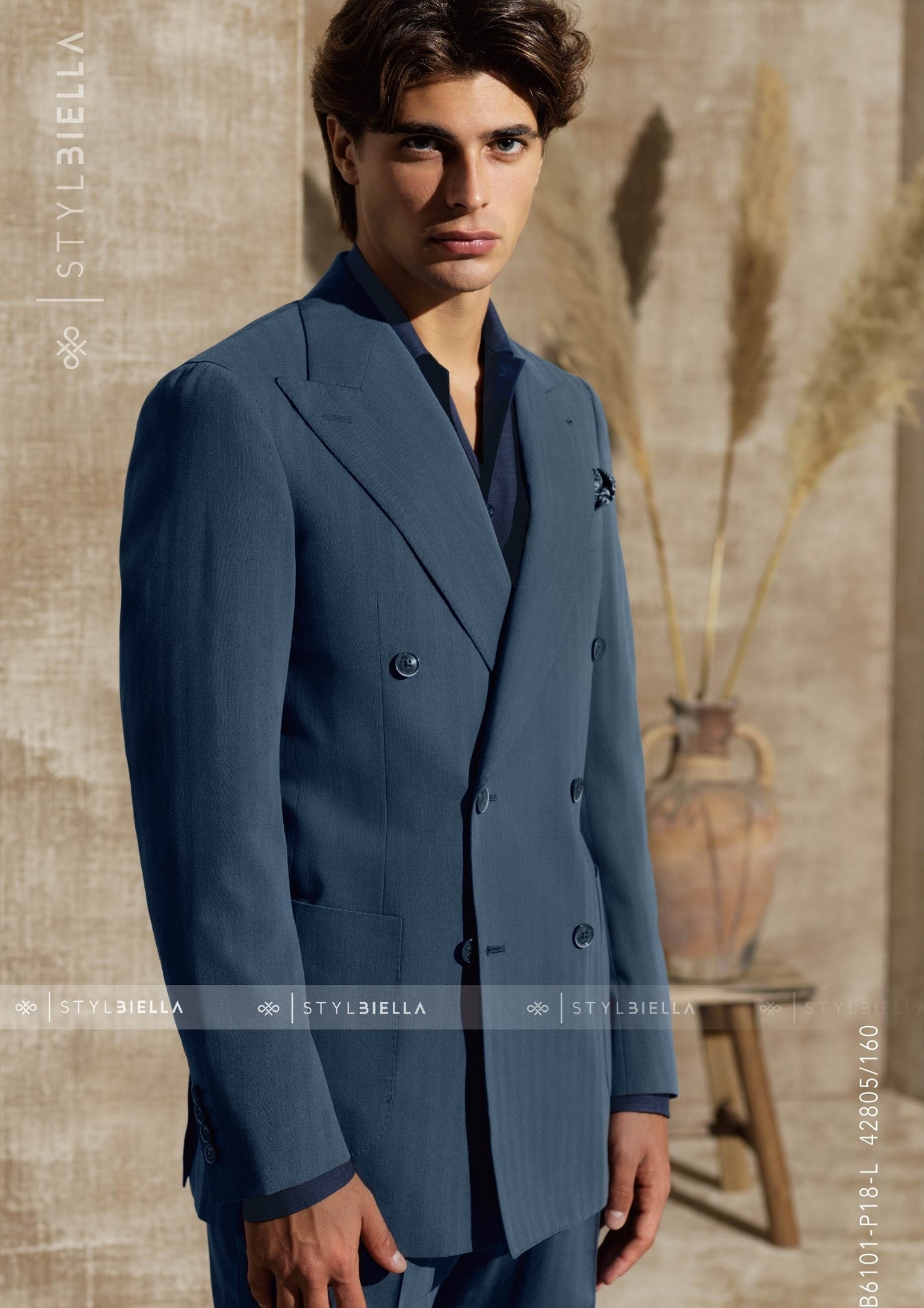 Double Breasted 6 on 2, 2 pcs Suit, Grey Blue Herringbone, Cotton & Wool, Stylbiella