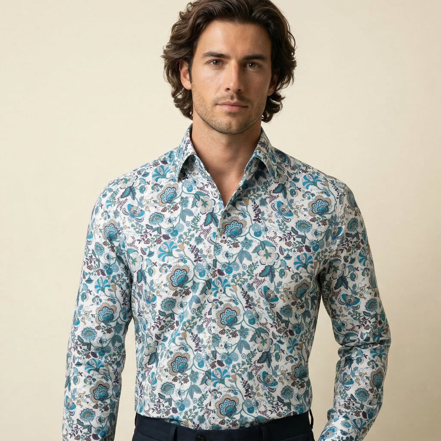 Shirt, Popelin Green Flowers, Pure Cotton, Liberty