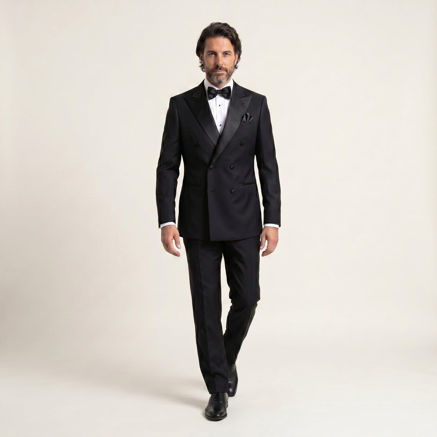 Peak Satin Lapel, Double Breasted 6 in 2, Black, Tuxedo 2 pcs, Wool & Silk, Zignone