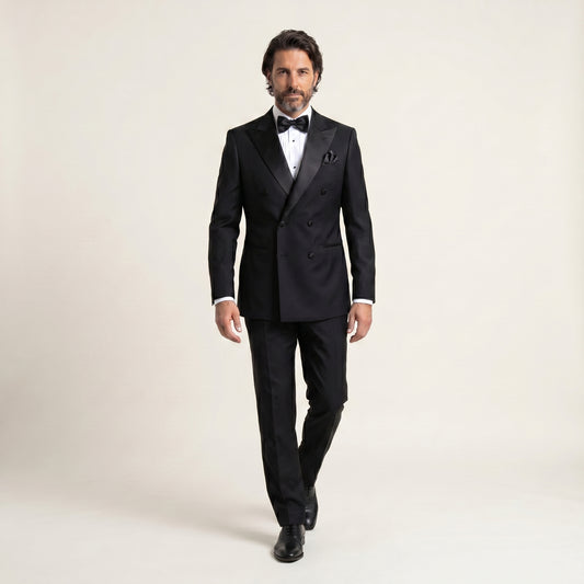 Peak Satin Lapel, Double Breasted 6 in 2, Black, Tuxedo 2 pcs, Wool & Silk, Zignone