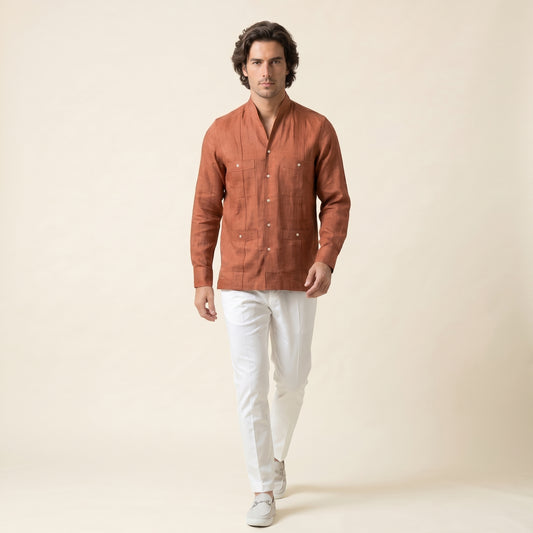 Cuban Shirt, Brown, Pure Linen, Canclini