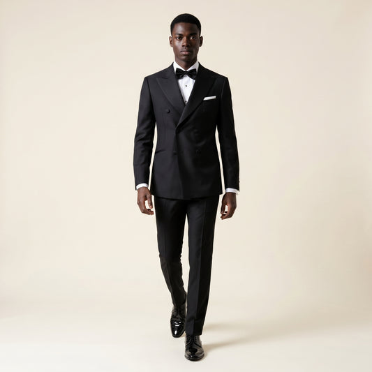 Peak Satin Lapel, Double Breasted 6 on 2, Black, Tuxedo 2 pcs, Wool & Silk, Zignone