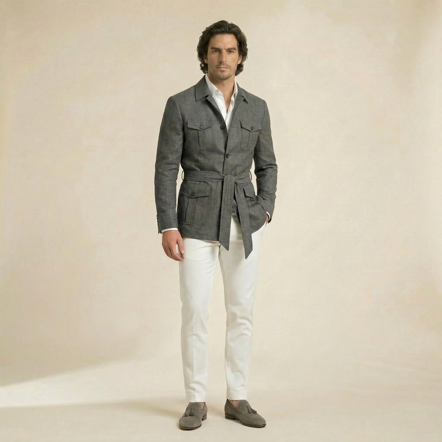 Safari Jacket, Dark Grey, Pure Linen, Solbiati