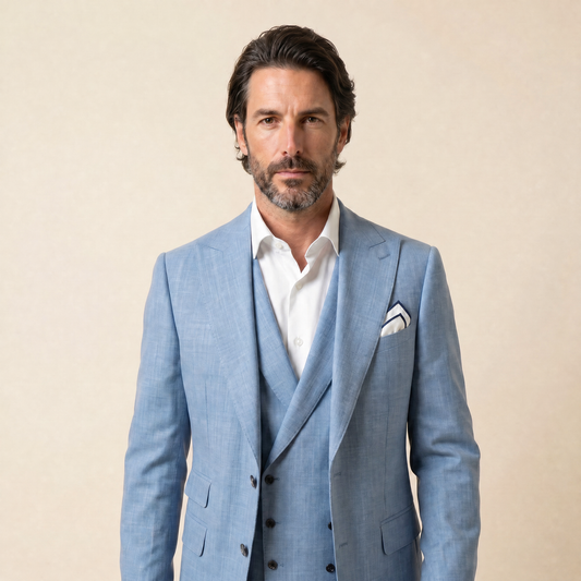 Double Breasted 6 on 2, 2 pcs Suit, Sky Blue, Pure Wool Super 130's, Drago