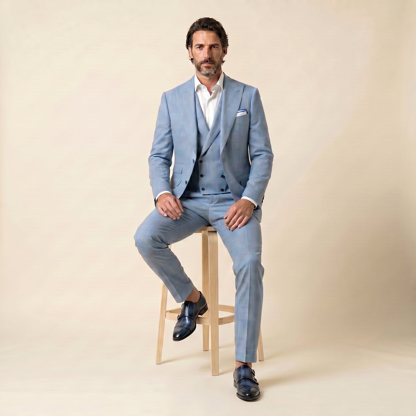 Double Breasted 6 on 2, 2 pcs Suit, Sky Blue, Pure Wool Super 130's, Drago