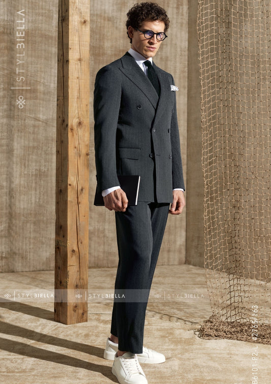 Peak Lapel Double Breasted 6 on 2, Mid Grey Herringbone Suit, Stylbiella