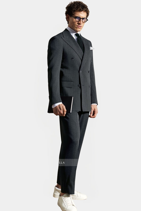 Peak Lapel Double Breasted 6 on 4, Mid Grey Chevron Suit