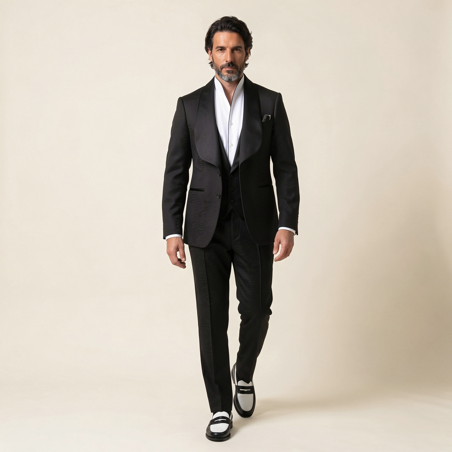 Large Shawl Satin Lapel, 2pcs Tuxedo, Black, Pure Wool, Super 130's, Drago