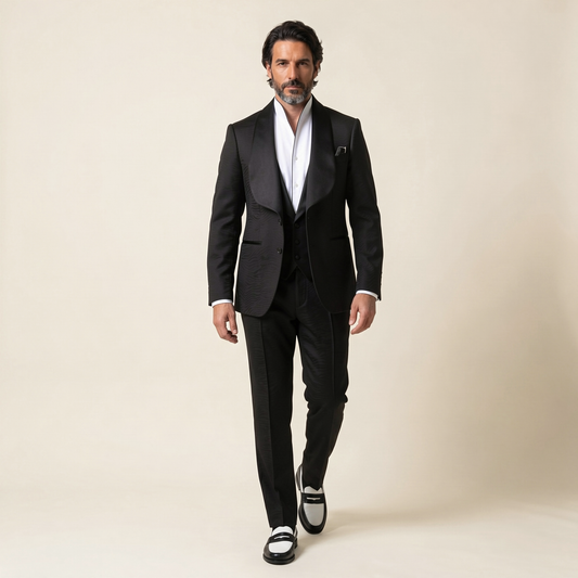 Large Shawl Satin Lapel, 2pcs Tuxedo, Black, Pure Wool, Super 130's, Drago