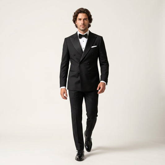 Peak Lapel, Black, Tuxedo 2 pcs, Wool & Elastane, Zignone