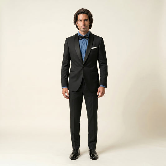 Shawl Satin Lapel, Black, Tuxedo 2 pcs, Wool & Silk, Zignone