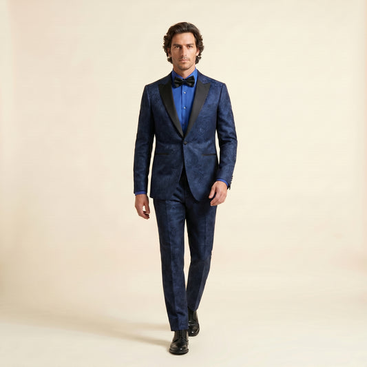 Double Breasted 2 in 1, Peak Satin Lapel, Royal Blue Shiny Jacquard, Tuxedo Jacket, Wool Cotton & Viscose, Stylbiella Ceremony