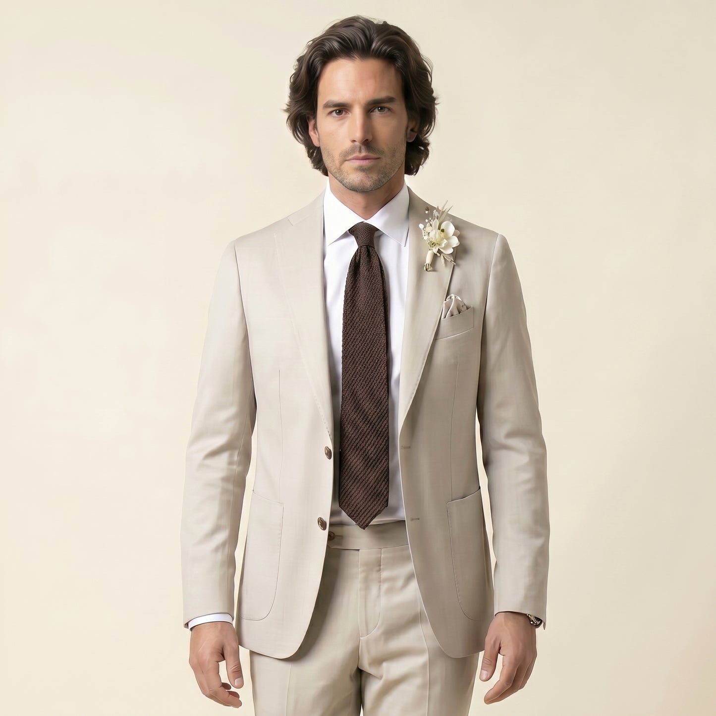 Notch Lapel, 2 pcs Suit, Stone, Wool & Silk, Saphire Drapers