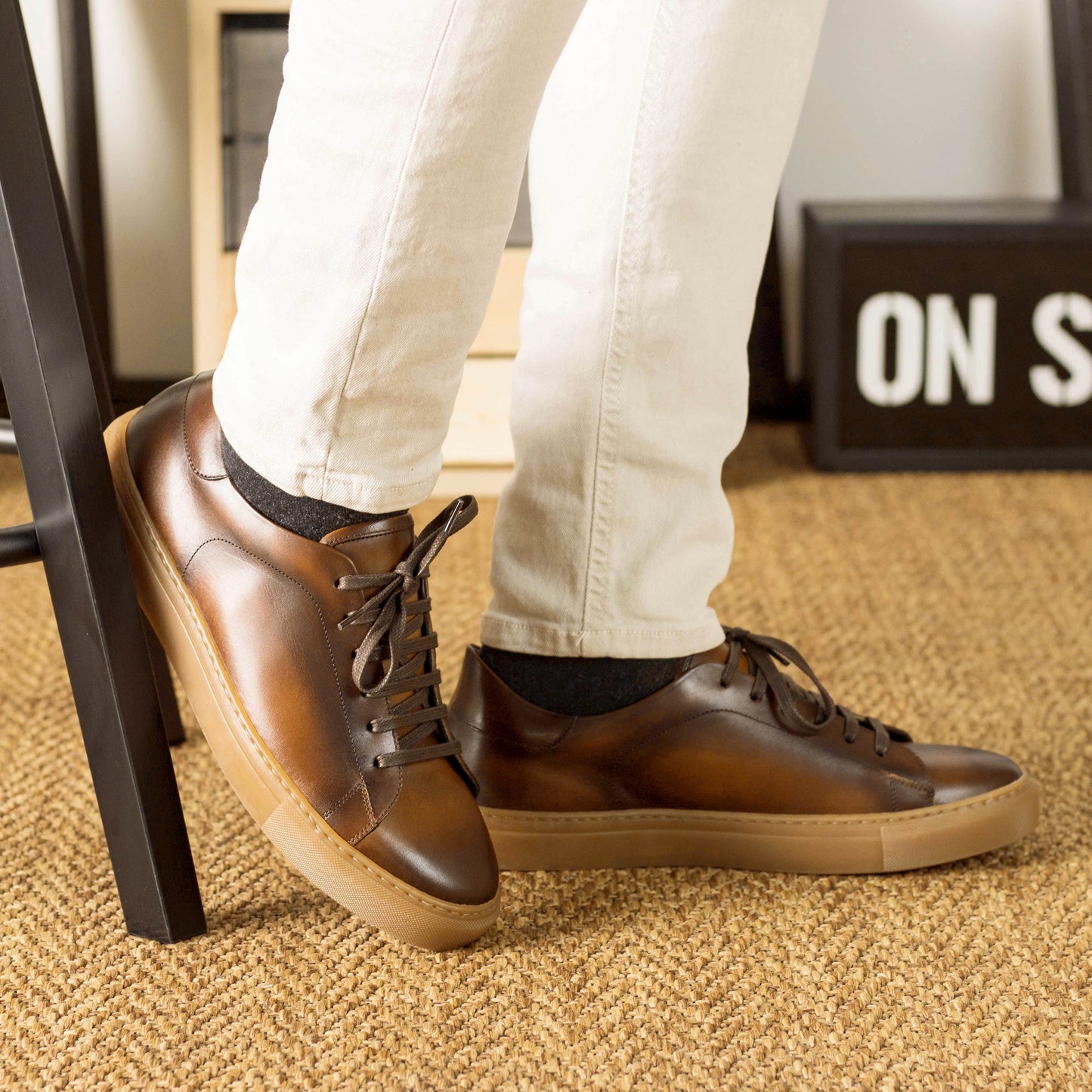 Leather Trainer │ Med Brown Painted Calf - Sole Caramel