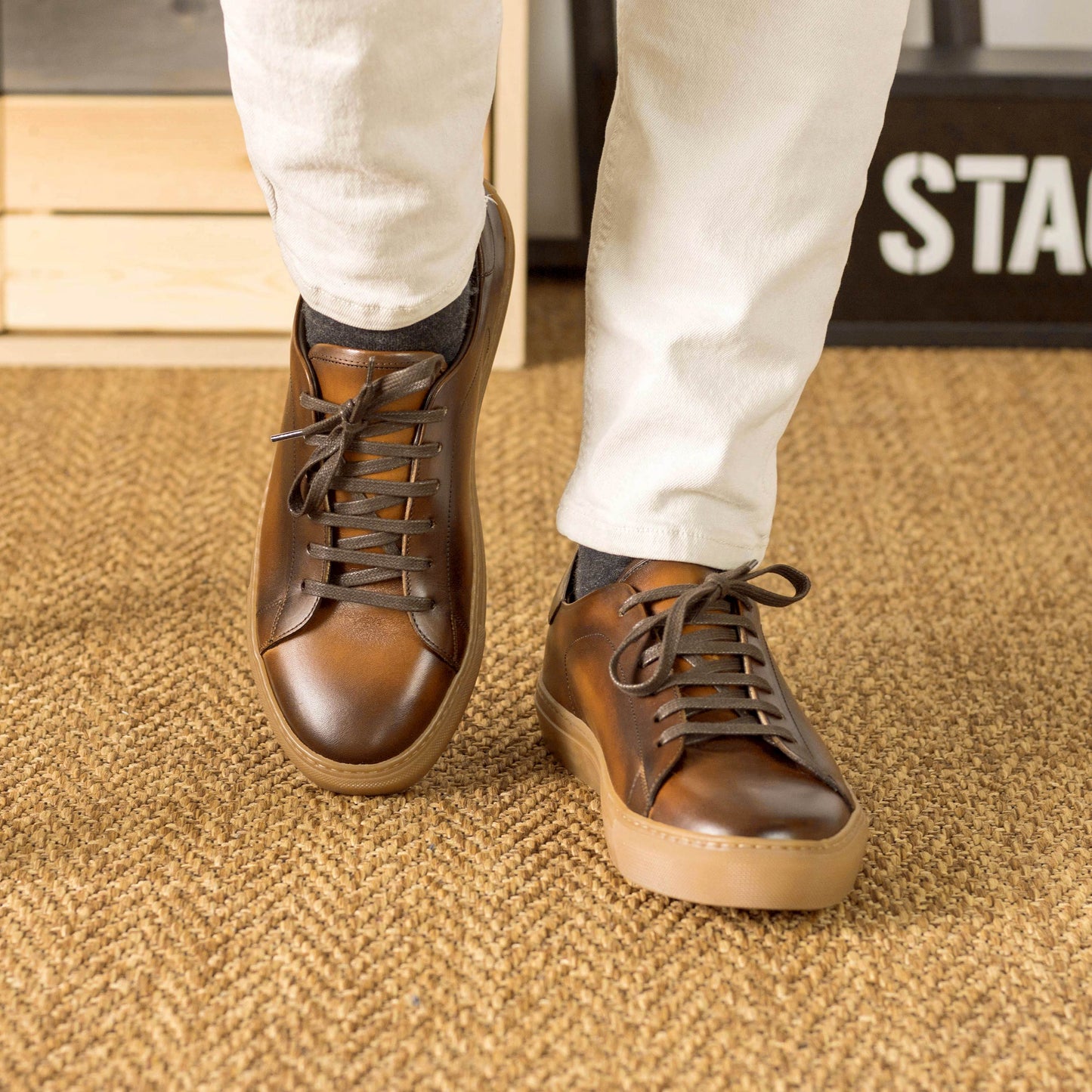 Leather Trainer │ Med Brown Painted Calf - Sole Caramel