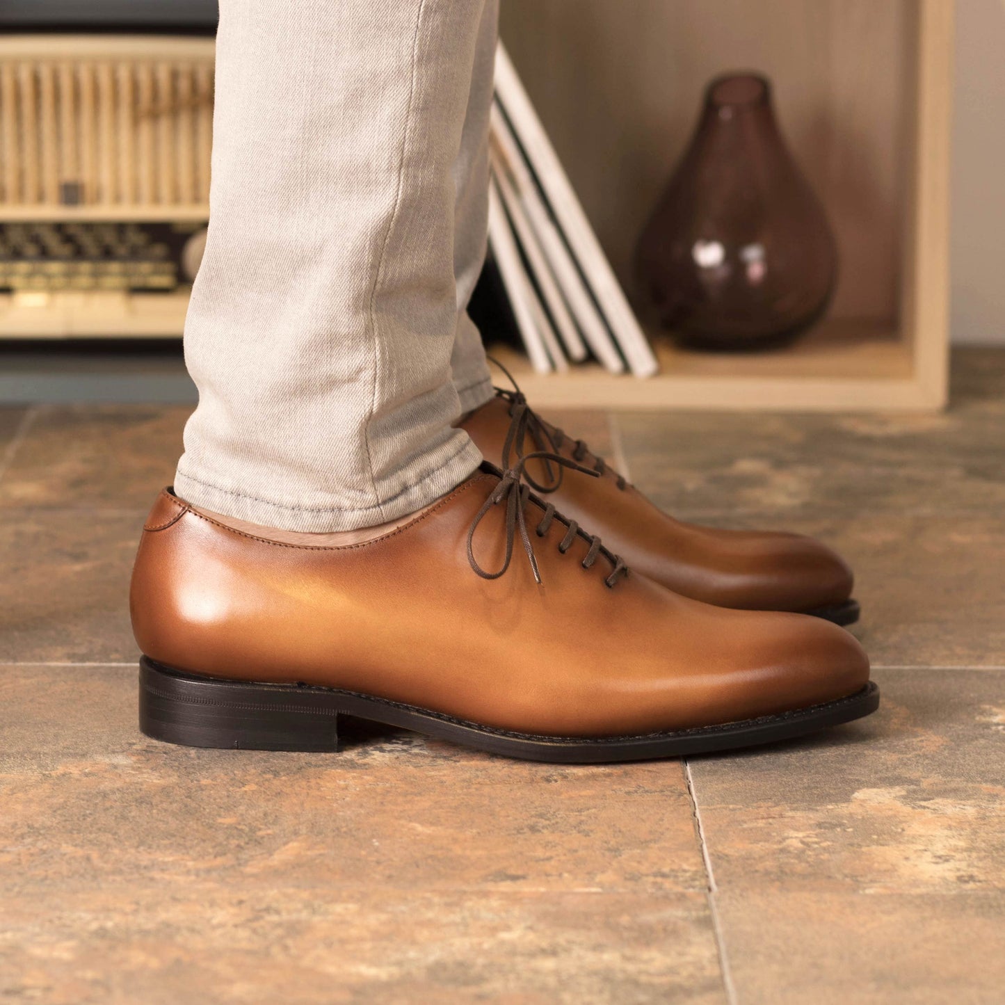 Whole cut cognac Goodyear Welt, leather sole with buttons rubber injections