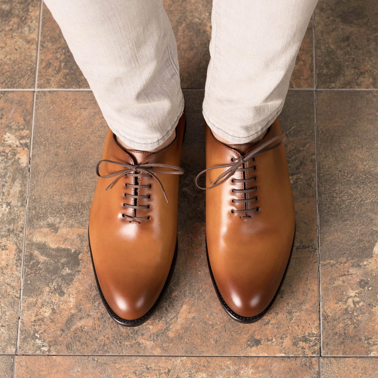 Whole cut cognac Goodyear Welt, leather sole with buttons rubber injections