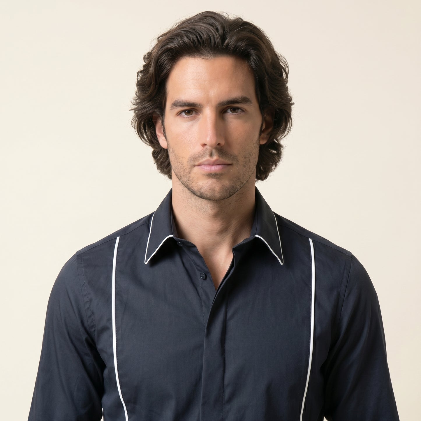 Tuxedo Shirt, Black Stretch Poplin, Cotton, Polyamide & Elastane