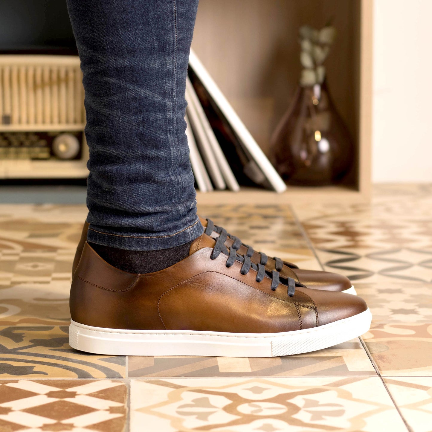 Leather Trainer │ Med Brown Painted Calf