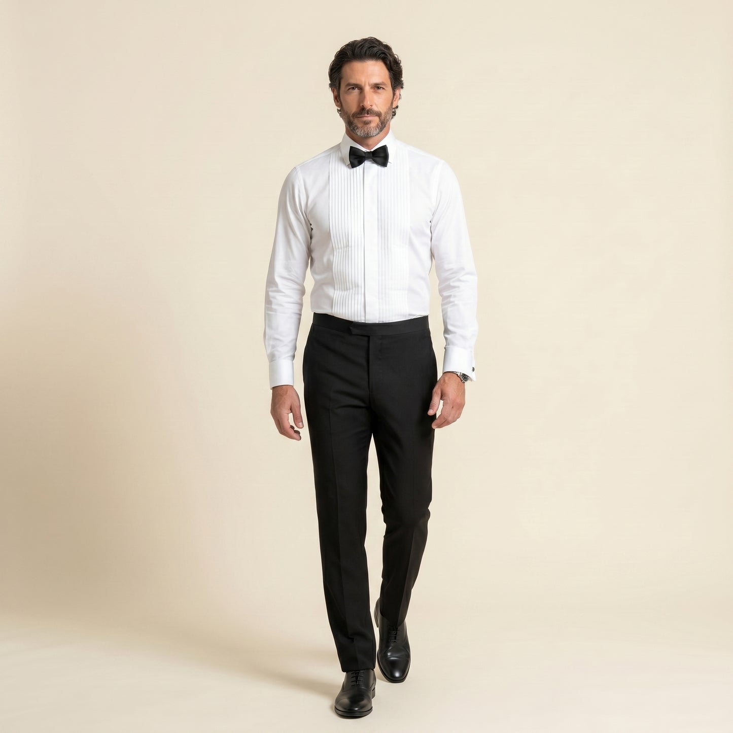 Tuxedo Shirt, Hidden Buttons, White Poplin with Pleated Full Plastron