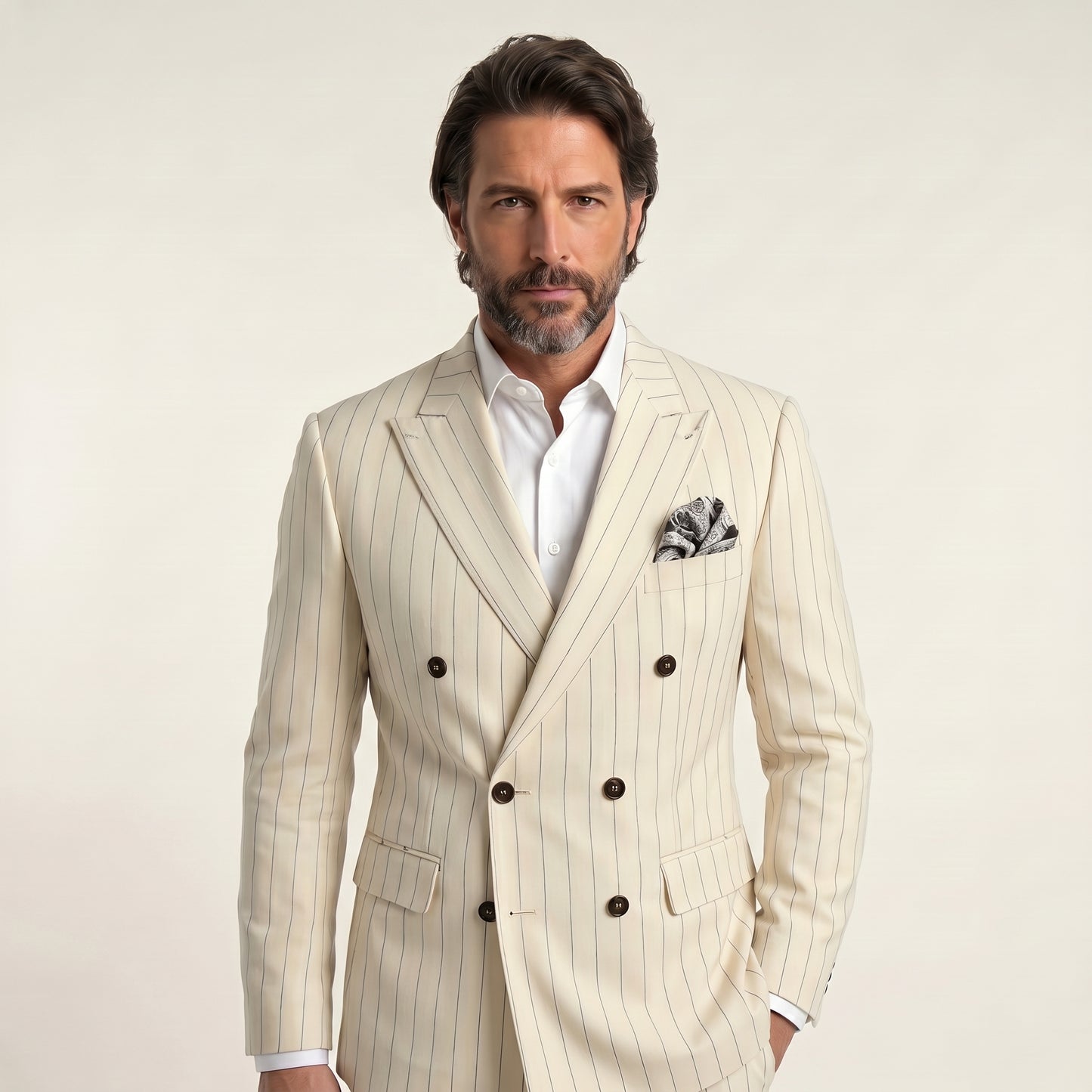 Double Breasted 6 on 4, 2 pcs Suit, White, Pure Wool Super 140's, Ariston