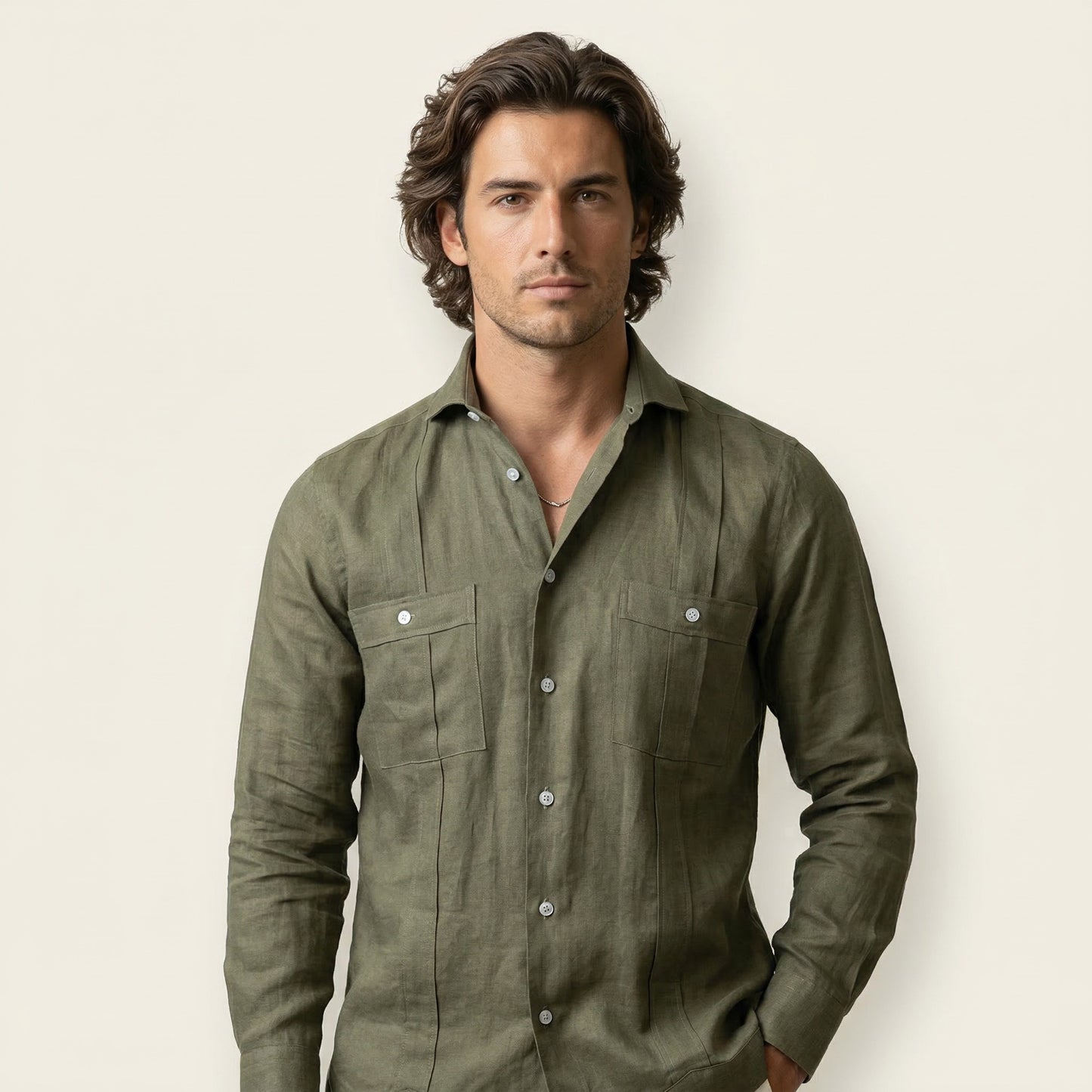 Cuban Shirt, Green, Pure Linen