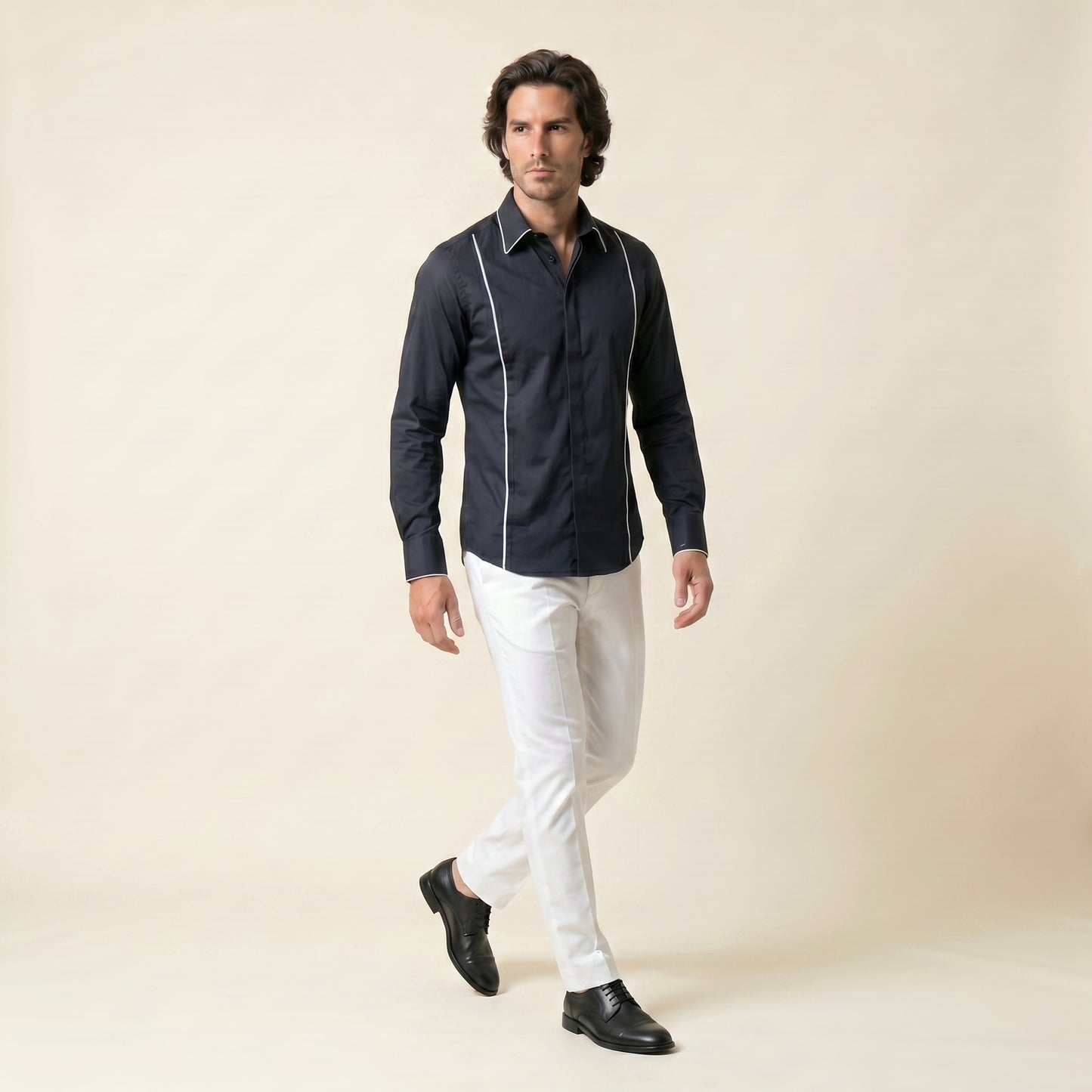 Tuxedo Shirt, Black Stretch Poplin, Cotton, Polyamide & Elastane