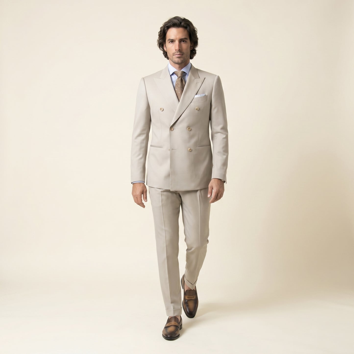 Double Breasted 6 on 2, 2 pcs Suit, Beige, Superfine Merino Wool, Loro Piana Zelander