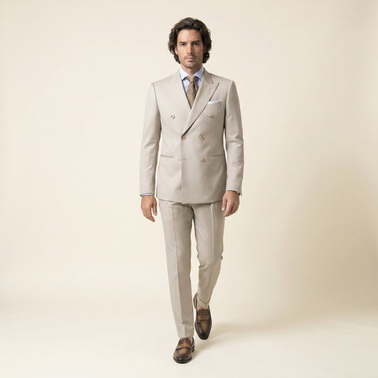 Double Breasted 6 on 2, 2 pcs Suit, Beige, Pure Wool, Vitale Barberis
