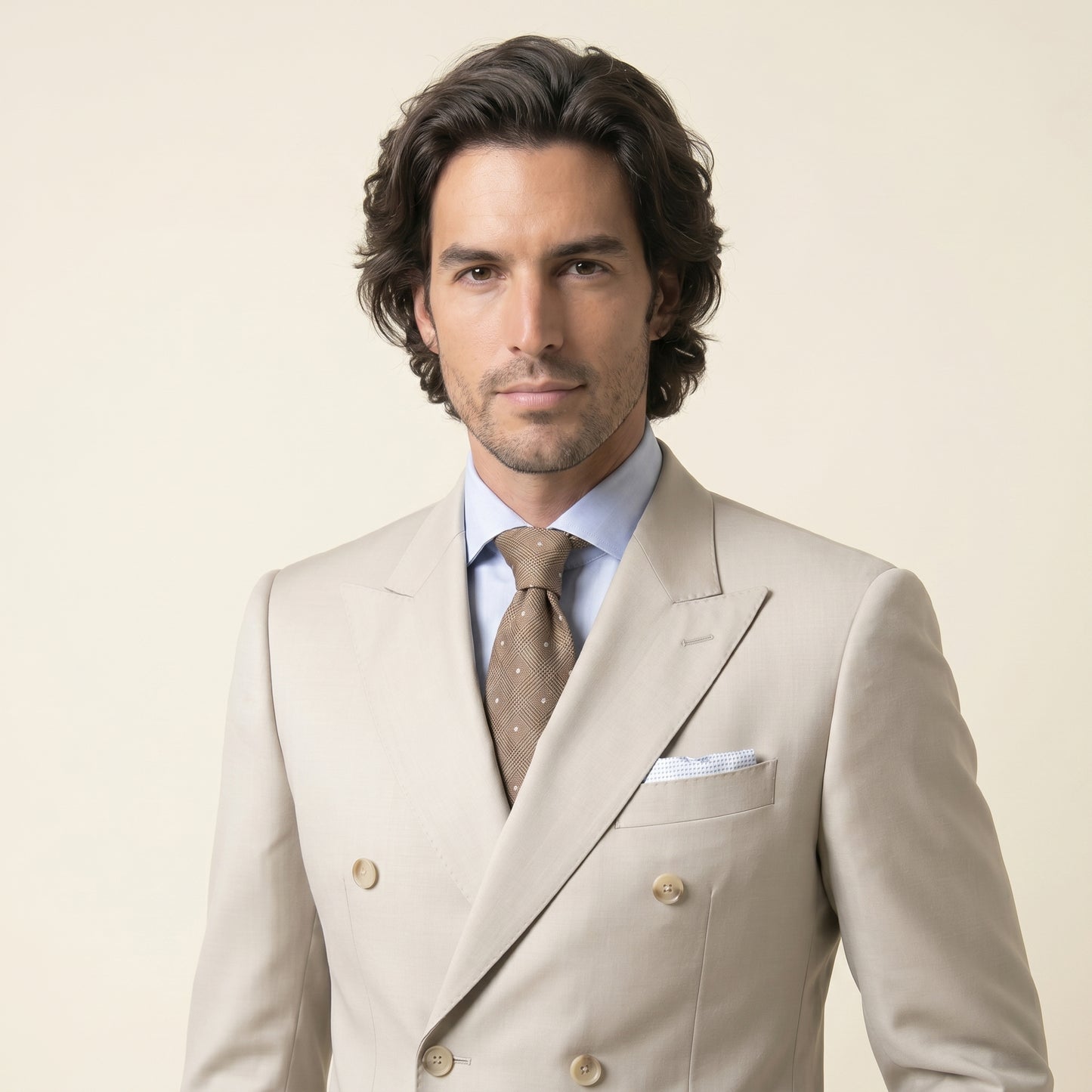 Double Breasted 6 on 2, 2 pcs Suit, Beige, Superfine Merino Wool, Loro Piana Zelander