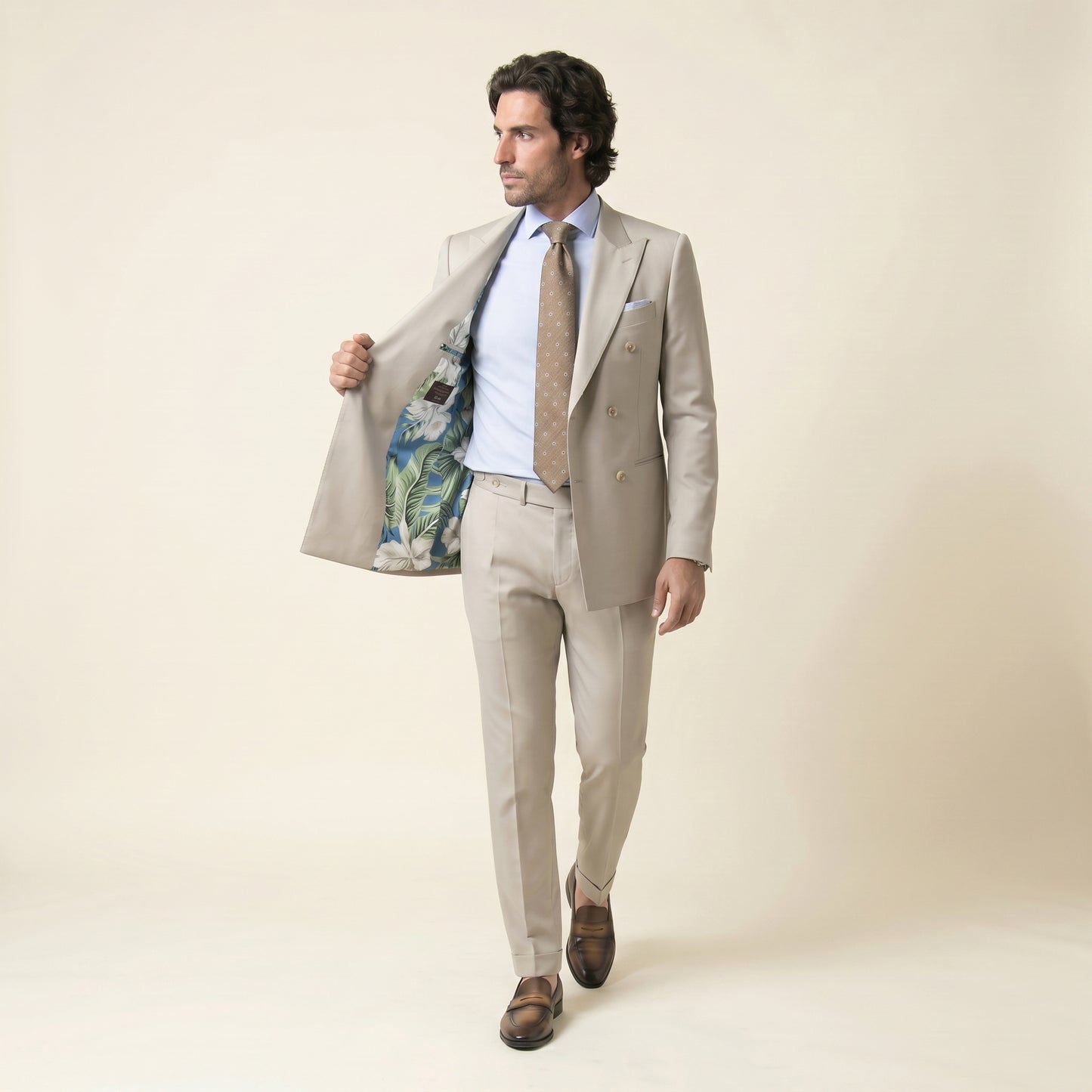 Double Breasted 6 on 2, 2 pcs Suit, Beige, Superfine Merino Wool, Loro Piana Zelander