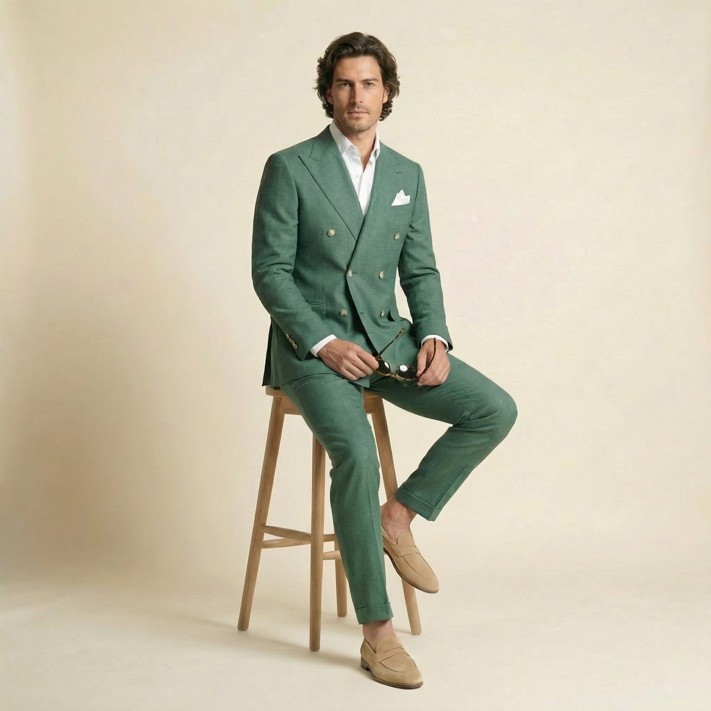 Double Breasted 6 on 2, 2 pcs Suit, Light Green, Pure Wool, Vitale Barberis