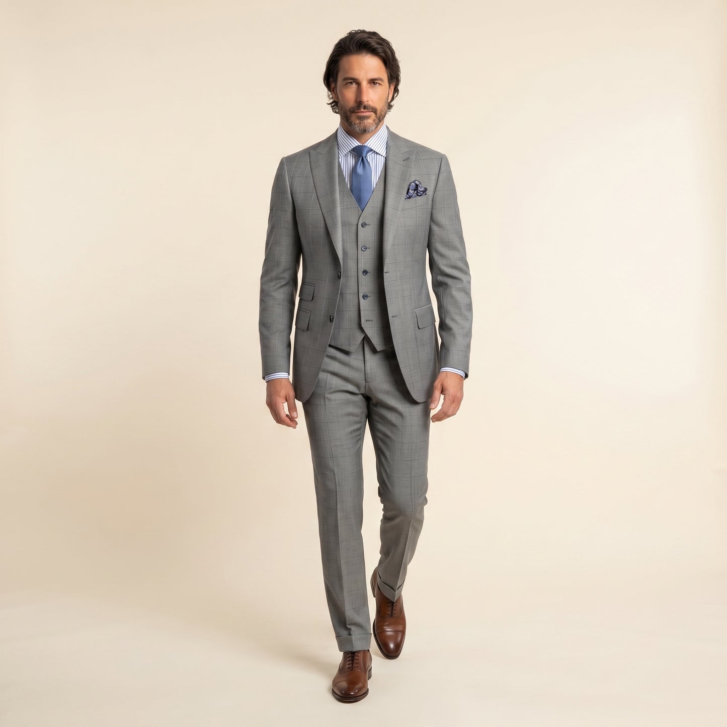 Peak Lapel, Light Grey Windowpane Suit 2pcs, Wool & Cashmere, Super 170's, Loro Piana Cashmere Wish