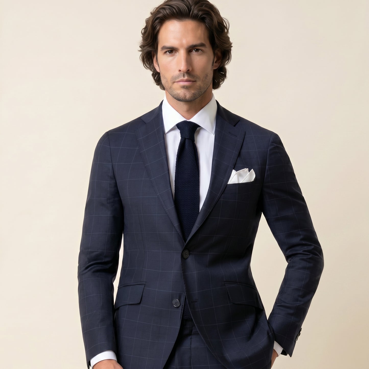 Notch Lapel, Navy Windowpane Suit 2 pcs, Super 170'S, Loro Piana Tasmanian