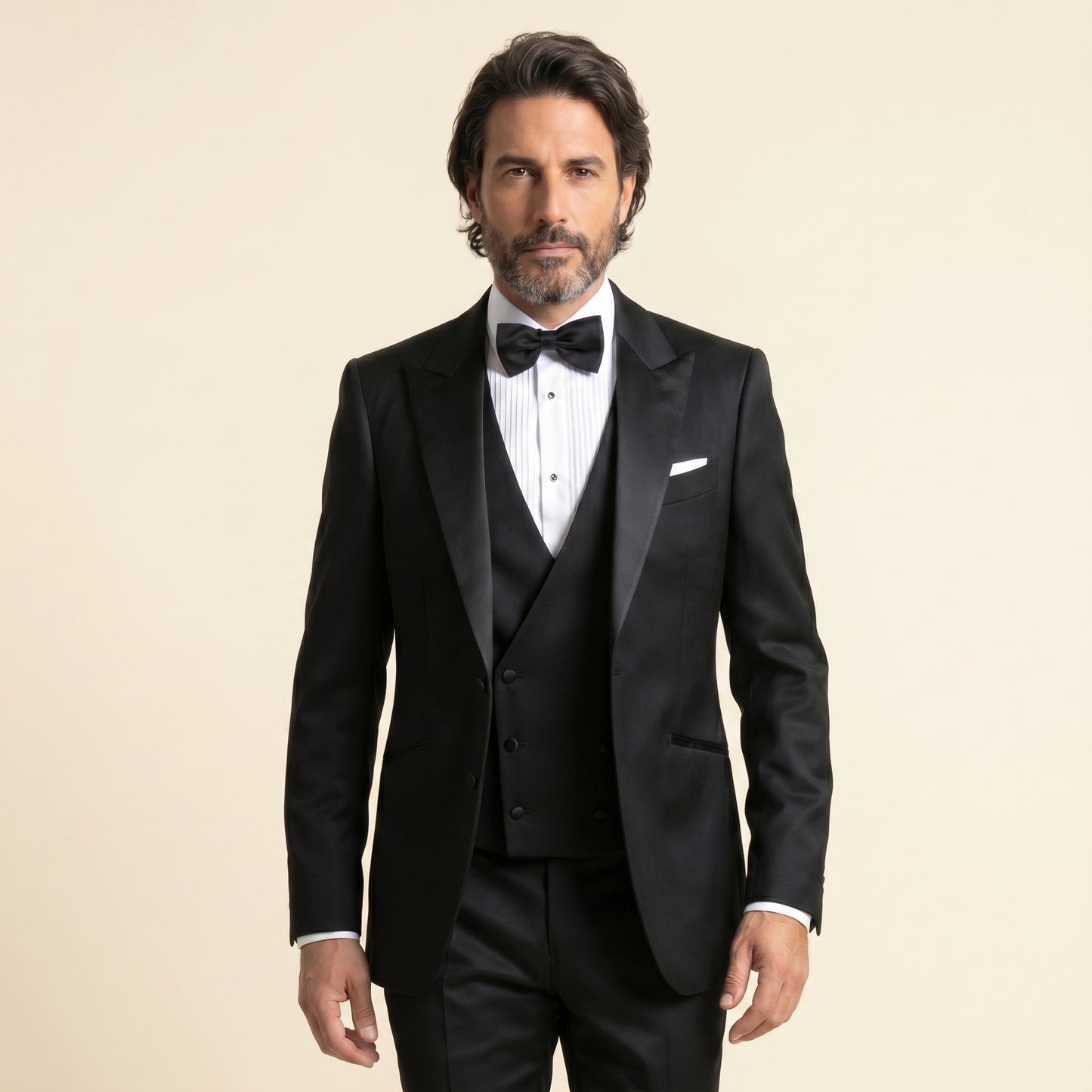 Peak Satin Lapel, Black, Tuxedo 3 pcs, Wool & Silk, Zignone