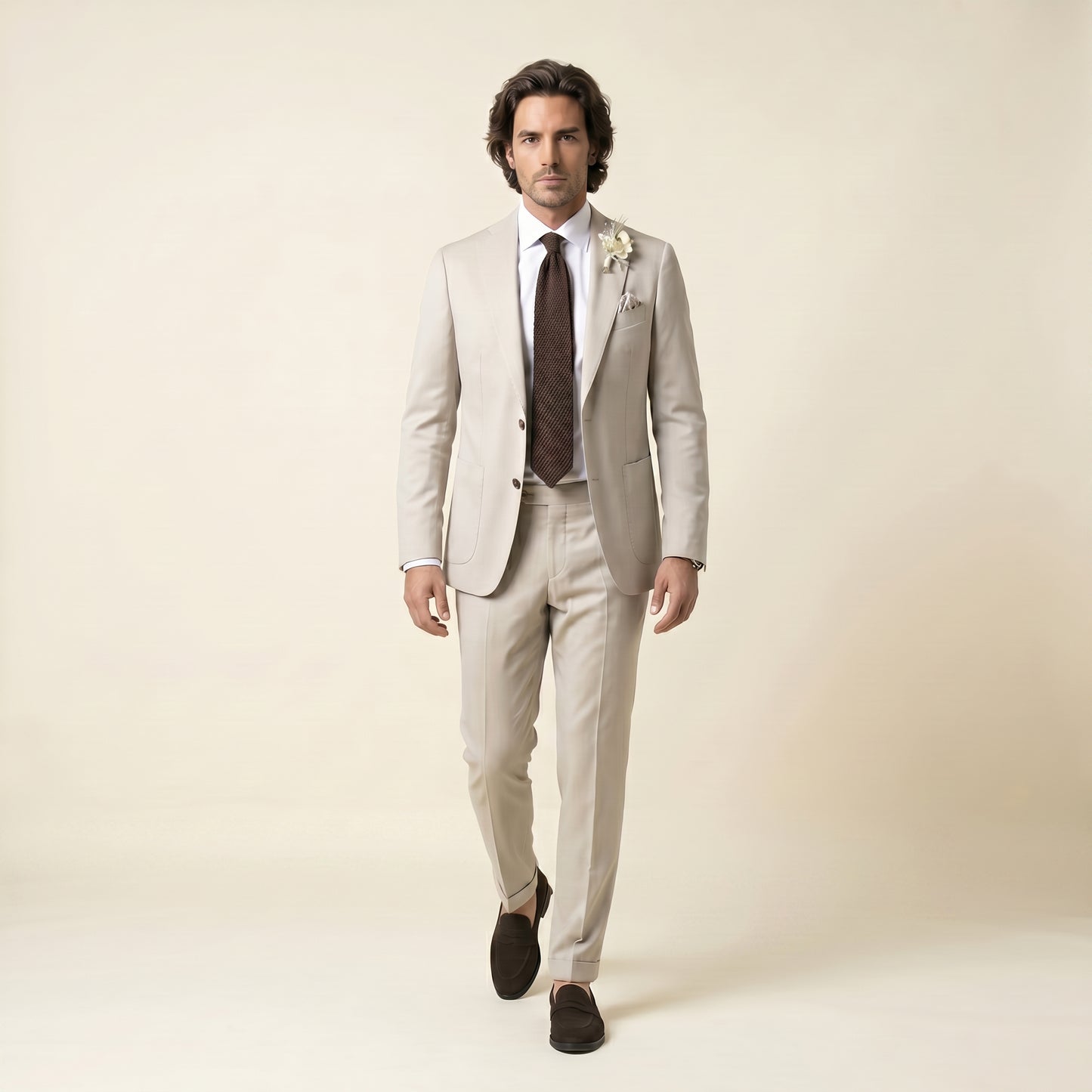 Notch Lapel, 2 pcs Suit, Stone, Wool & Silk, Saphire Drapers