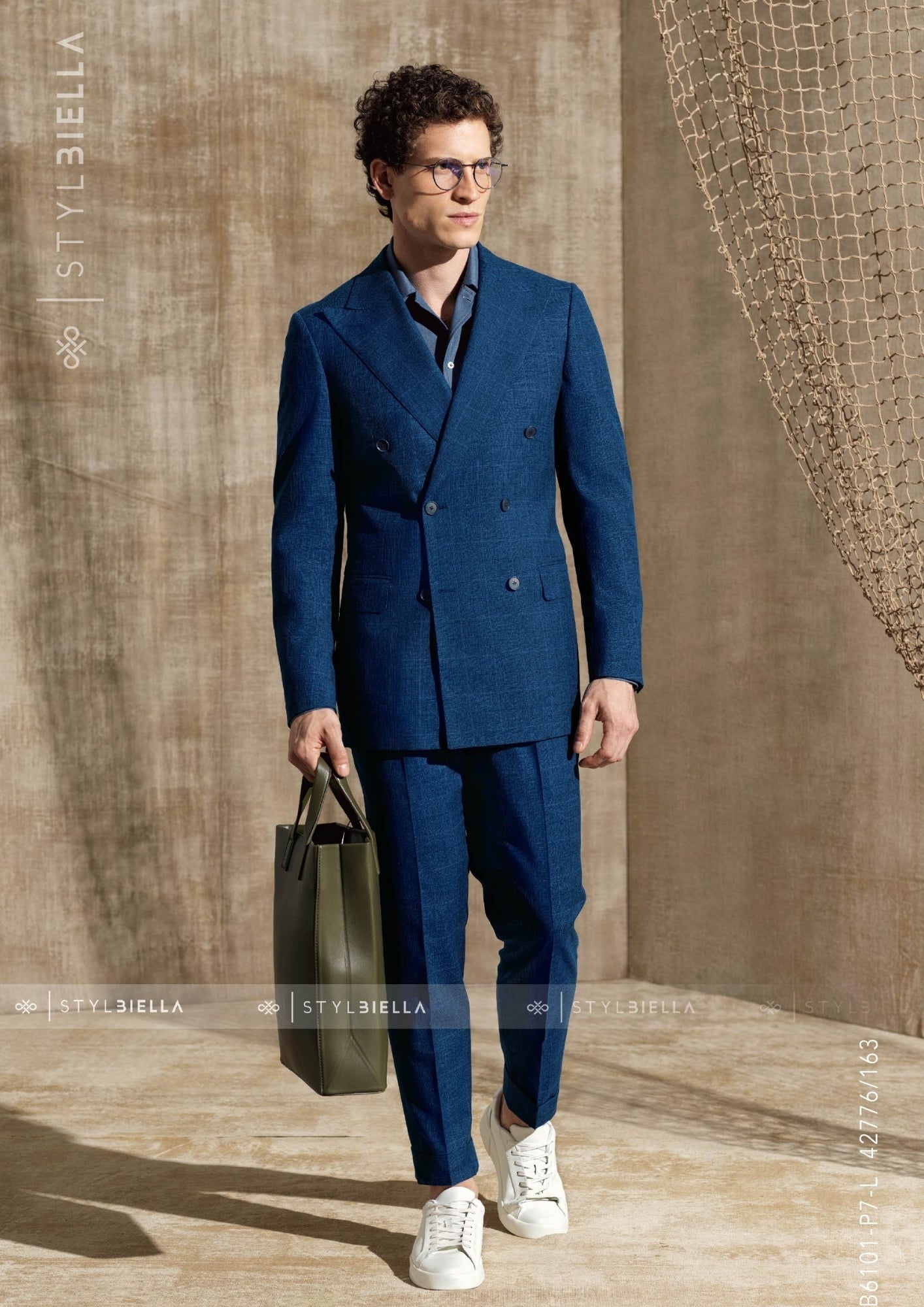 Double Breasted 6 on 2, 2 pcs Suit, Lazuli Windowpane, Wool Cotton & Silk, Stylbiella