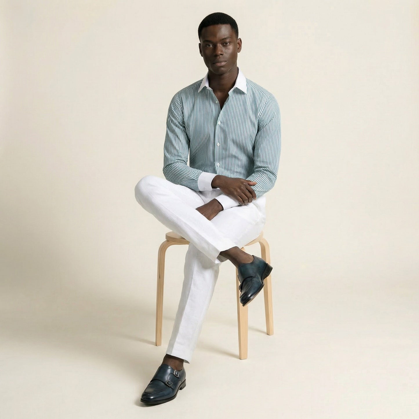 Shirt, Bottle Green Striped Poplin, Pure Cotton,Lagar