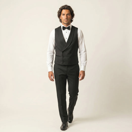 Tuxedo Waiscoat with Shawl Satin, Black, Pure Wool, Vitale Barberis