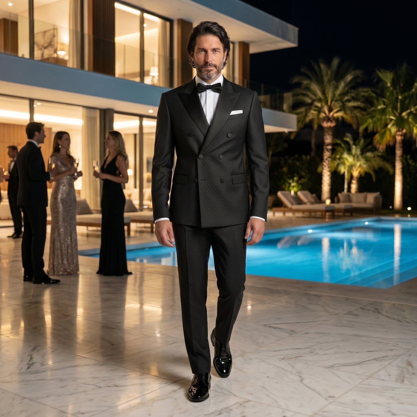 Peak Satin Lapel, Double Breasted 6 in 2, Black, Tuxedo 2 pcs, Pure Wool, Drapers Vitale Barberis