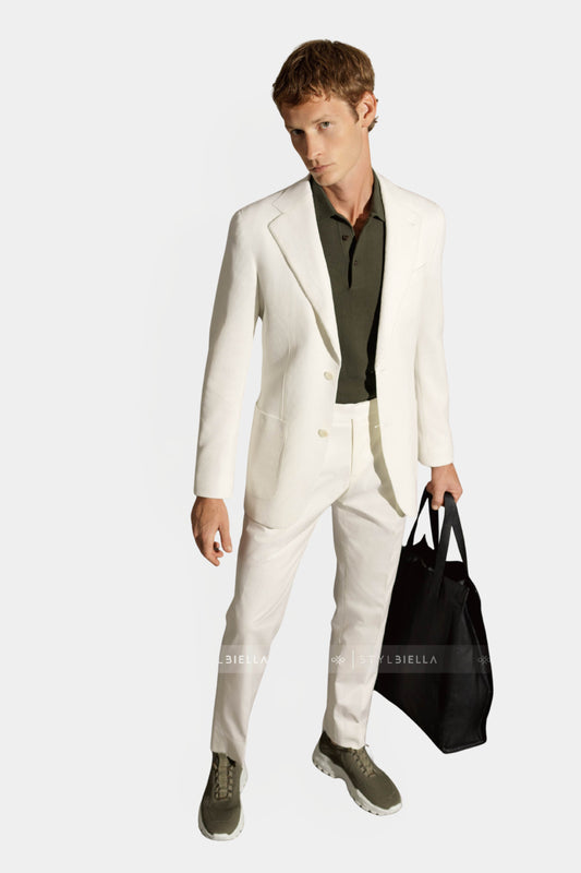 Notch Lapel, White, Jersey, Expedition Suit, Stylbiella
