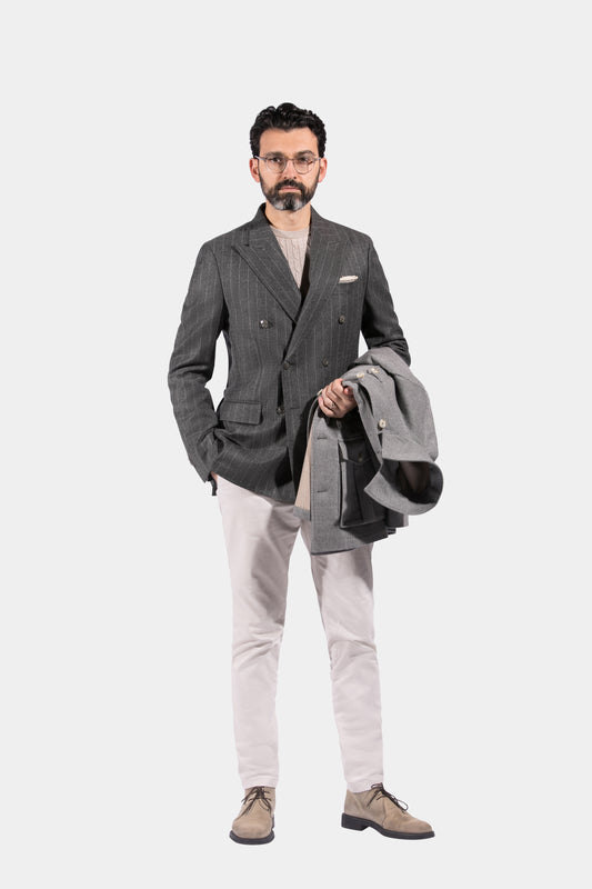 Peak Lapel Double Breasted 6 on 4, Mid Grey with Stripes, Jacket Only