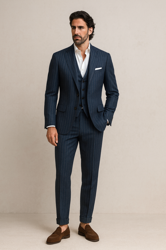 Notch Lapel, Navy Stripes 2pcs Suit, Drago Super 130'S