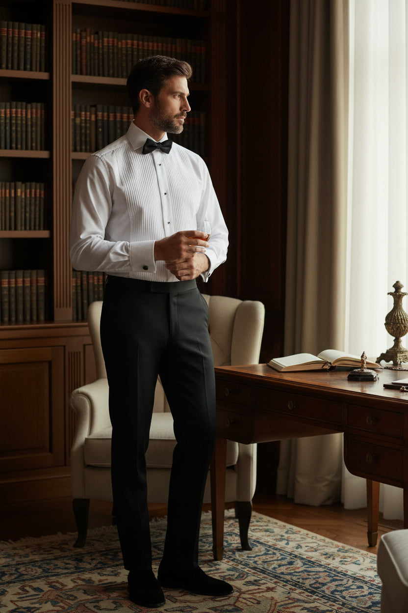 Tuxedo Shirt, Tux Buttons, White Poplin with Pleated Full Plastron