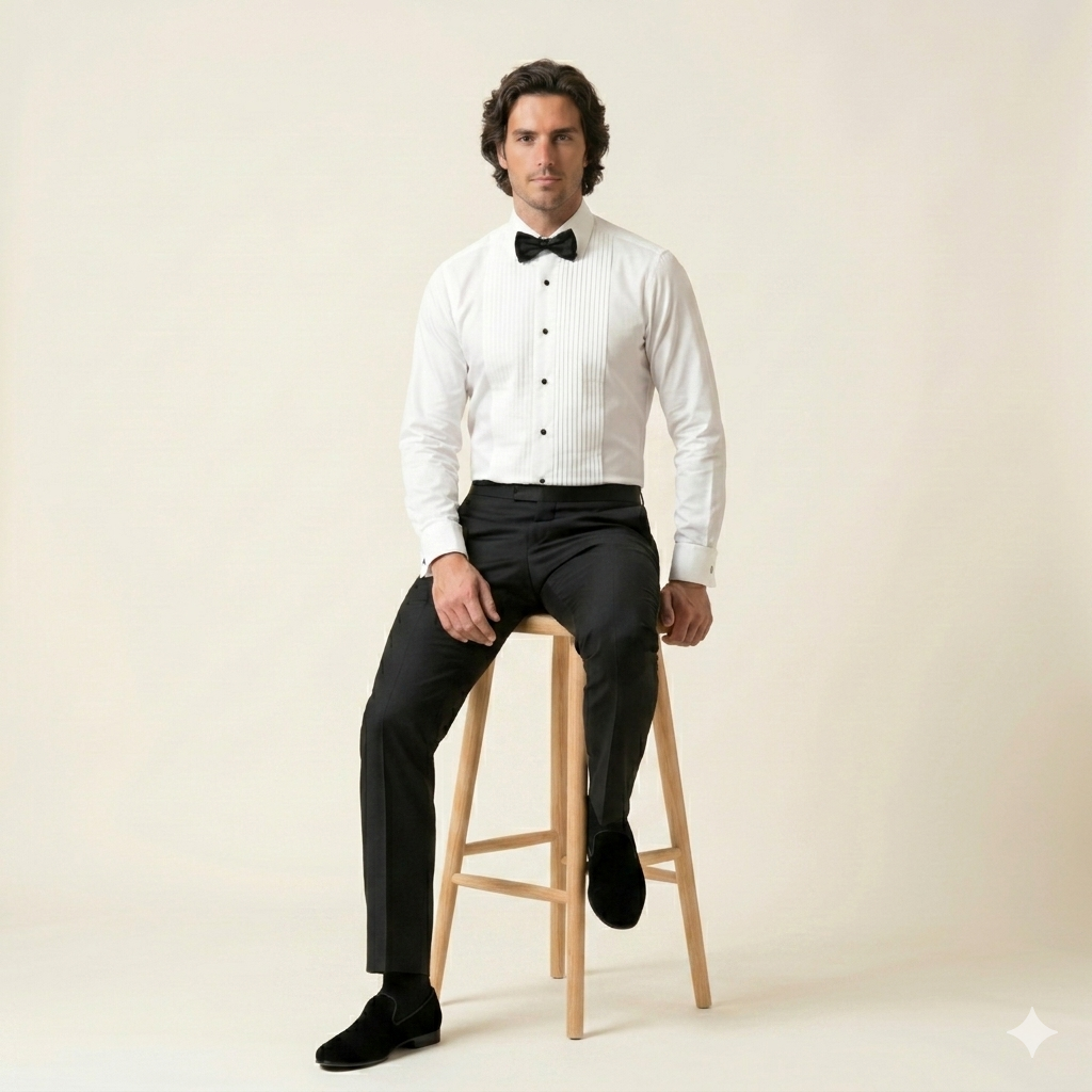 Tuxedo Shirt, Tux Buttons, White Poplin with Pleated Full Plastron