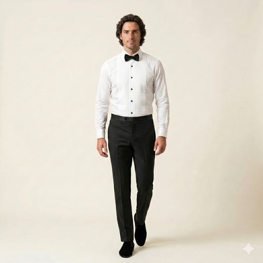 Tuxedo Shirt, Tux Buttons, White Poplin with Pleated Full Plastron