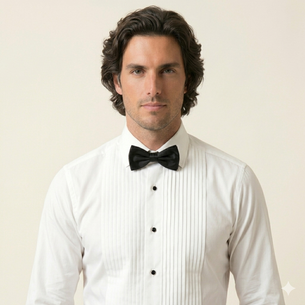 Tuxedo Shirt, Tux Buttons, White Poplin with Pleated Full Plastron
