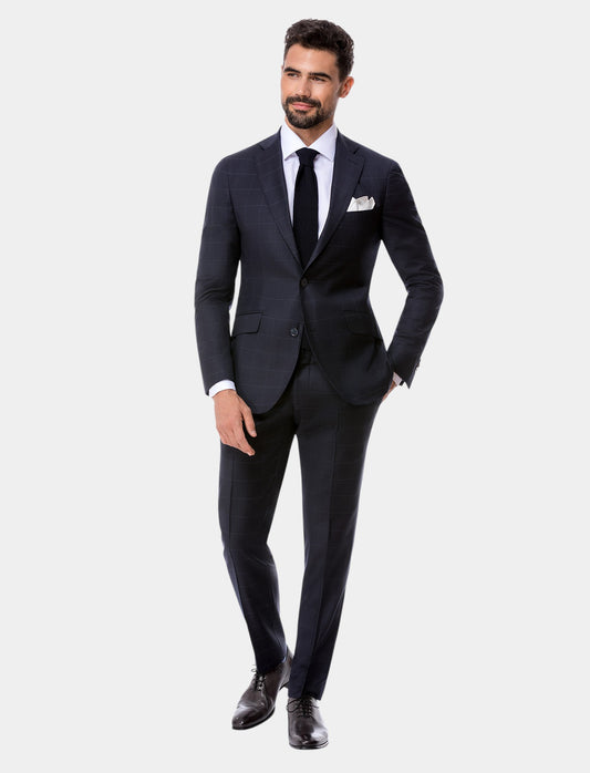 Notch Lapel, Navy Windowpane Suit, Super 150'S Drapers